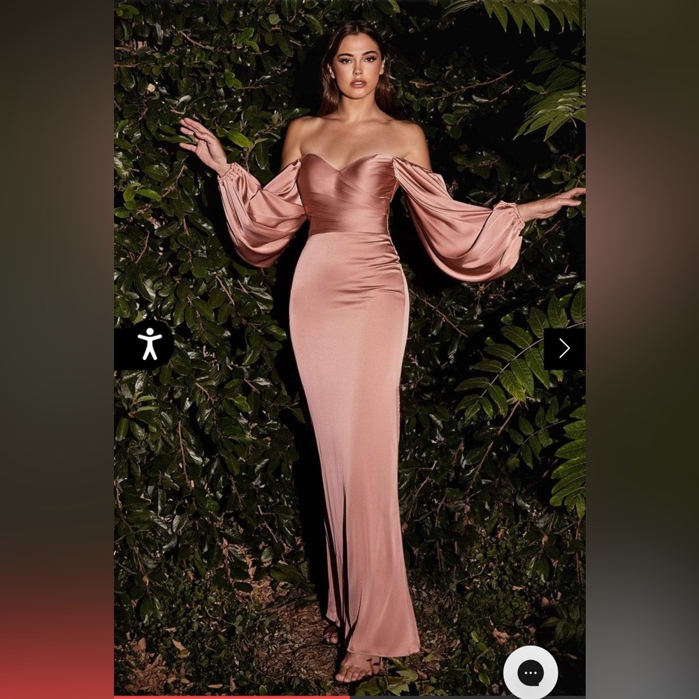 Off-shoulder rose gold satin gown, plus size 24